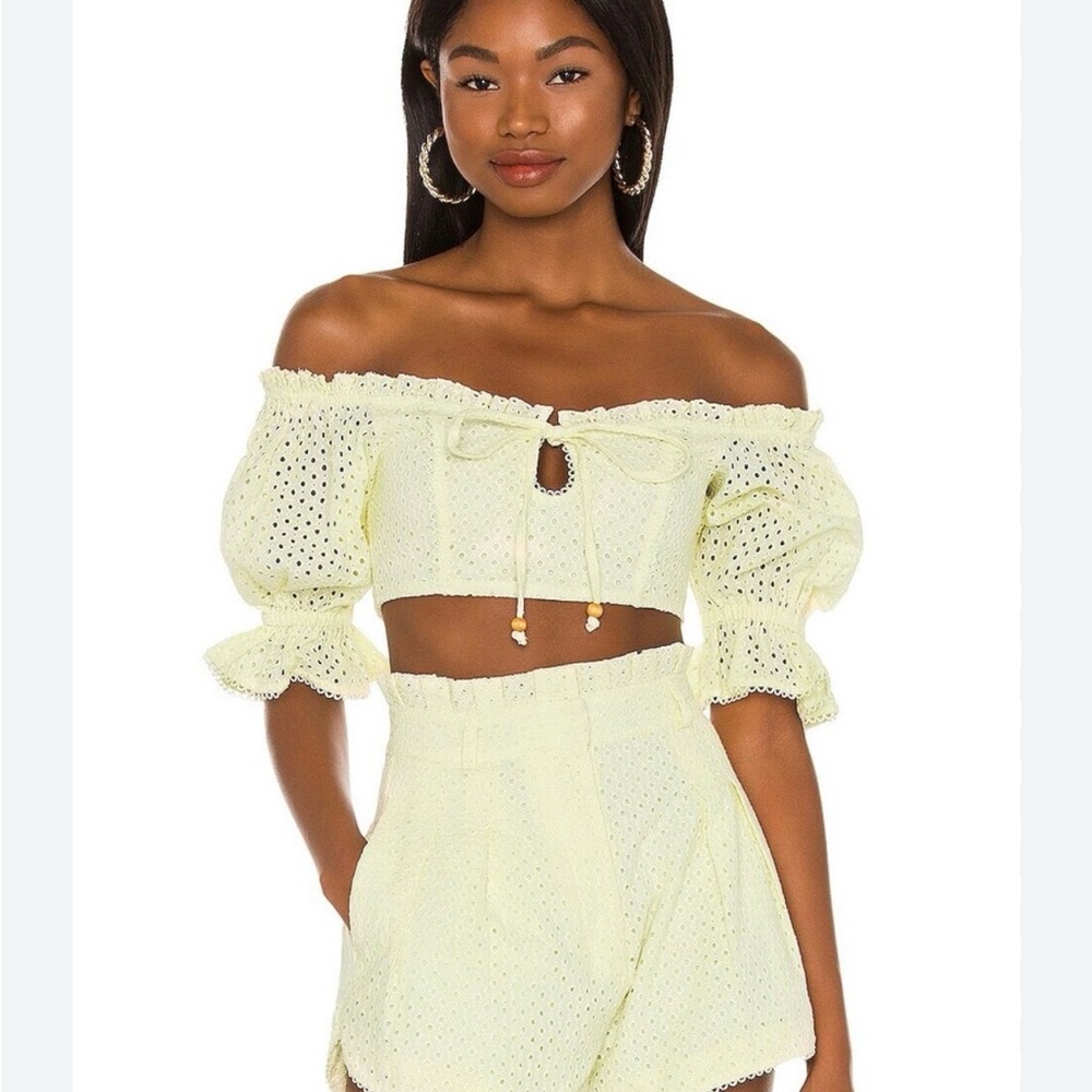MAJORELLE Thalia Top Lemon Cream Yellow Crop Puff Sleeve Sz S